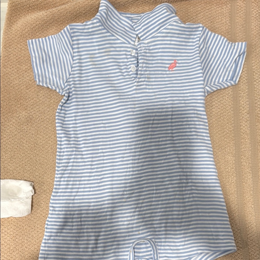 TBBC Sir Proper’s Romper blue and white stripe w pink stork